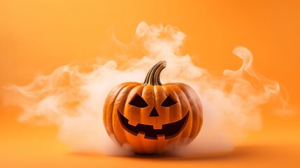 A beautiful background to promote halloween party with central pumpkin, smoke. Create with generative ai.