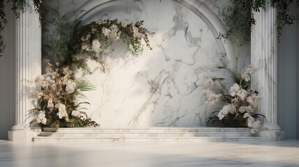 A beautiful background with marble podium stage with empty space to promote products and services. Plants and Flowers. Create with generative ai.