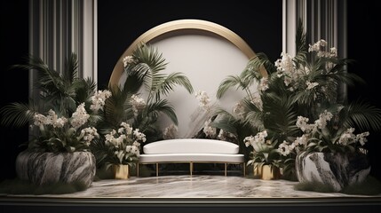 A beautiful background with marble podium stage with empty space to promote products and services. Plants and Flowers. Create with generative ai.