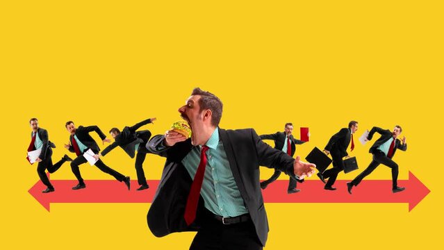 Deadlines. Businessman doing many different tasks, eating, working with projects, dealing with mistakes. Stop motion, animation. Contemporary art. Concept of personal and professional growth, business