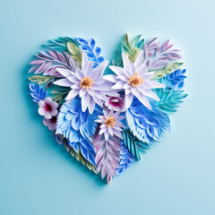 Colorful paper flowers in the shape of a heart on blue background. Heart-shaped, colorful paper flowers. Art design heart symbol of Valentine's Day.  Valentine's Day holiday concept. AI generated