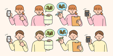 A set of man and woman planning finances, savings accounts, and money-saving. Simple Style Vector illustration.