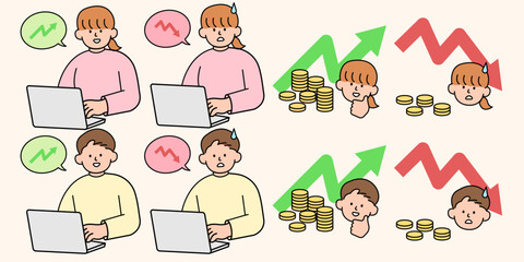 A set of man and woman planning finances, savings accounts, and money-saving. Simple Style Vector illustration.