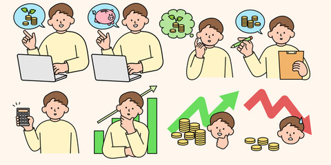 A set of man planning finances, savings accounts, and money-saving. Simple Style Vector illustration.