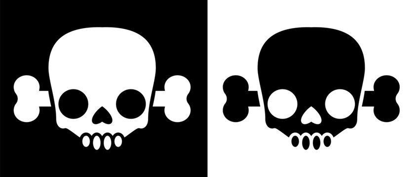 Skull crossbones sign. Skulls in cartoon flat style. Skull icons for Halloween design, horror decorations and app. Vector illustration isolated on background.