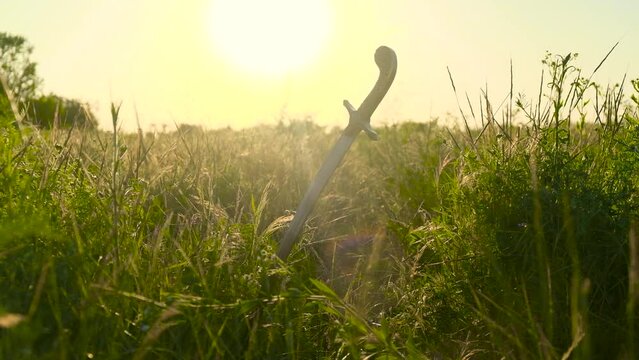 The saber of the Ukrainian Cossacks is stuck in the ground, among the grass, against the background of the sunset. Beautiful bokeh appears in the frame. The concept of freedom.