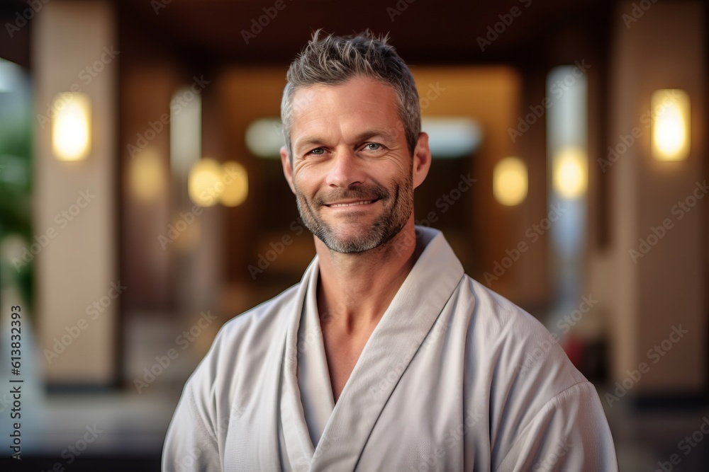 Wall mural Portrait of handsome mature man in bathrobe looking at camera in hotel