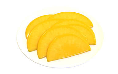 Sweet Pickled Radish on a white plate or Danmuji 단무지 Korean Side Dishes 3d rendering  illustration and element NO AI