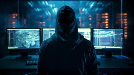 Hacker in front of a computer with many data on the screens the hacker is wearing a dark hoodie