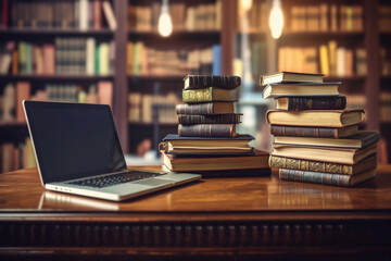 Fototapeta Organized pile of books on a desk with a laptop. E-learning concept. Generative AI obraz