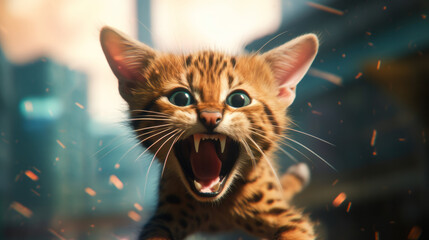 Fototapeta premium Portrait of an angry cat showing teeth looking at the camera