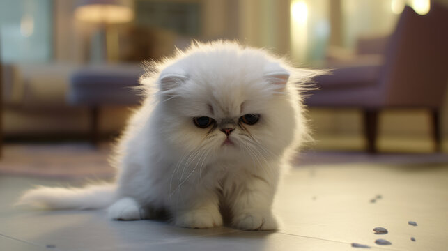 White sad grumpy cat portrait at home