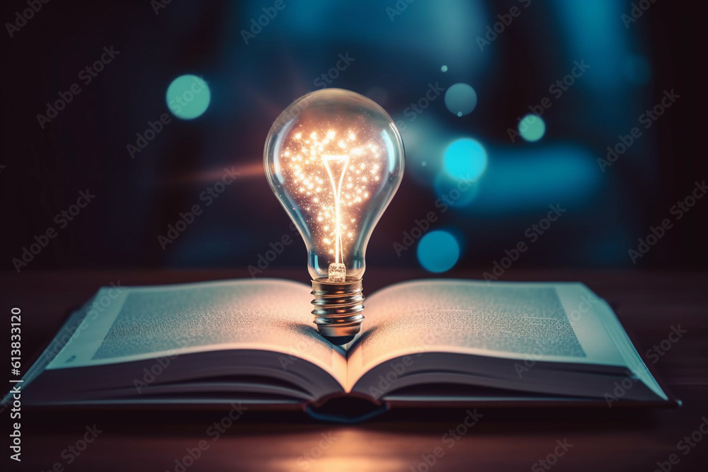 Wall mural glowing light bulb on a text book illuminating everything. learning and education concept. generativ