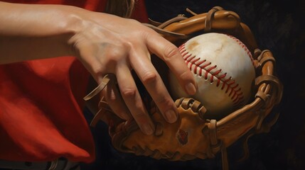 A close-up of a softball or baseball player's gloved hand, gripping the ball tightly. Woman Female Hand.