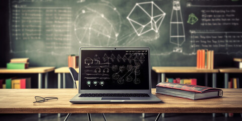 Laptop on a school desk in a classroom with a board full of science equations. Generative AI