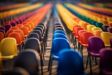 Row of many colorful and multicolored chairs in a massive room. Generative AI