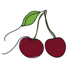 One line art color cherry with leaf isolated on white. Continuous line vector fruit illustration. Healthy and vitamin food concept. Design element for t-shirt, grocery label, shopping bag printing.