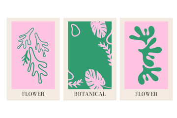 Trendy pink and green hand drawn poster set. Botanical poster