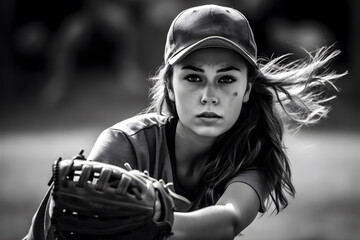 A pitcher gracefully winding up to throw a softball baseball, her focused expression revealing her determination. - obrazy, fototapety, plakaty