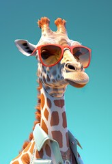 Fashionable anthropomorphic portrait of a pet animal giraffe wearing Hawai pastel summer clothing and a hat with flowers, summer glasses, bright pastel colors, baby pink background. Generated AI.