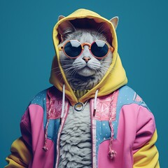 Fashion photography of a cute anthropomorphic dog dressed in large hiphop clothes from 1980s with pastel iridescent palette. Pink, yellow, blue, violet vibrant colors. Generated AI. - obrazy, fototapety, plakaty