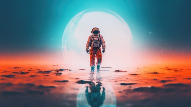 Astronaut on foreign planet. Science fiction universe exploration. Generative AI. Illustration for banner, poster, cover or presentation.