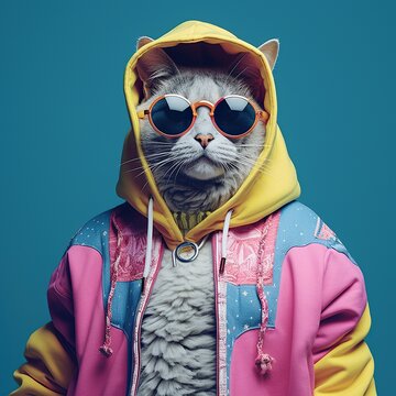 Fashion photography of a cute anthropomorphic dog dressed in large hiphop clothes from 1980s with pastel iridescent palette. Pink, yellow, blue, violet vibrant colors. Generated AI.