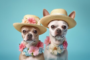 Fashionable anthropomorphic portrait of a pet animal puppy dogs wearing Hawai pastel summer clothing and a hat with flowers, summer glasses, bright pastel colors, baby  blue background.