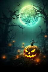 A beautiful background to promote halloween party with pumpkins, bats, lights and ornaments. Create with generative ai.