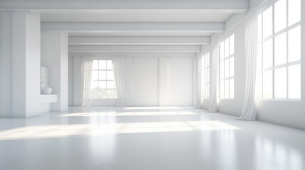 Generative ai illustration of White minimalistic room with blank walls and sunlight