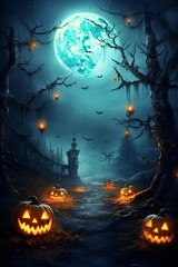 A beautiful background to promote halloween party with pumpkins, bats, lights and ornaments. Create with generative ai.