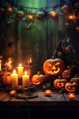 A beautiful background to promote halloween party with pumpkins, bats, lights and ornaments. Create with generative ai.