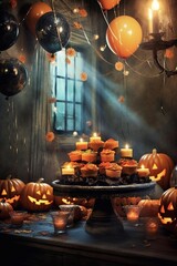 A beautiful background to promote halloween party with pumpkins, bats, lights and ornaments. Create with generative ai.