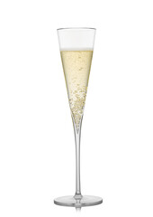 Yellow golden champagne fine crystal elegant glass on white with bubbles.