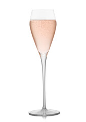 Prosecco wine and pink rose champagne glass on white background.