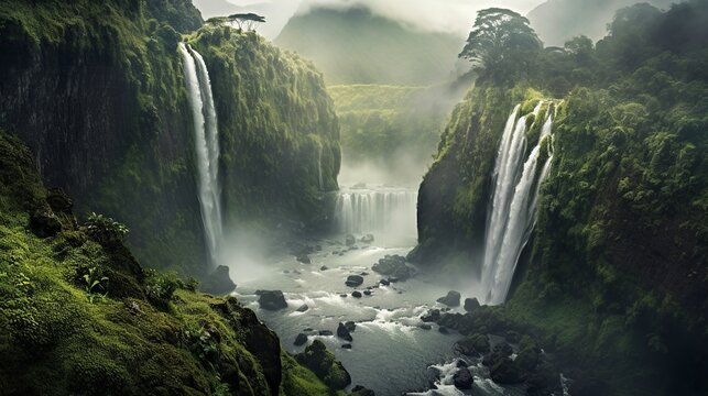 A beautiful landscape with waterfalls, fog and mountains. Create with generative ai.