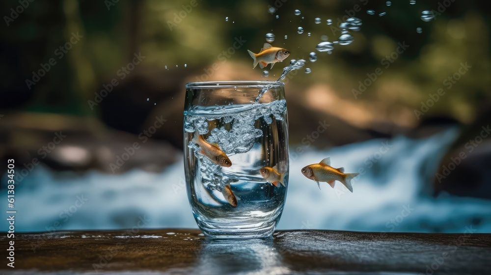 Wall mural Fish leap out from a glass into a river, bigger wider environment. Concept of courage to leave the comfort zone and free oneself for better. Generative AI - Wall murals