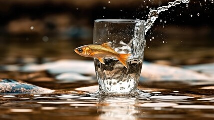 Fish leap out from a glass into a river, bigger wider environment. Concept of courage to leave the comfort zone and free oneself for better. Generative AI