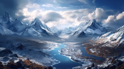 Fototapeta na wymiar A beautiful realistic landscape with montains, clouds and ice. Create with generative ai.