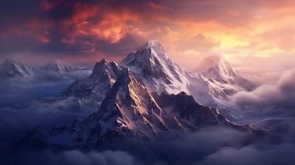 Fototapeta na wymiar A beautiful realistic landscape with montains, clouds and ice. Create with generative ai.