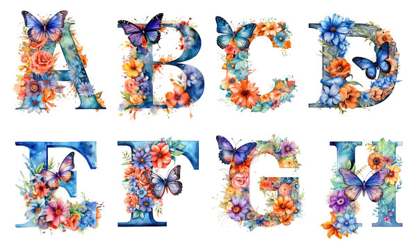 Floral Alphabet With Butterfly Watercolor Clipart 01. Generative AI