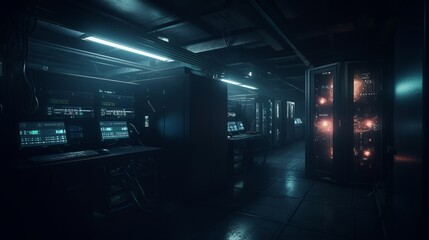 Fototapeta na wymiar Dark server room with glowing computer equipment. 
