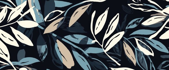 A background of leaves in white and dark navy blue colors, perfect for autumn, summer, and spring. Generative AI