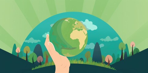 An illustration of human hands holding the planet Earth in orange and green colors, representing the concept of ecology and climate change. Generative AI