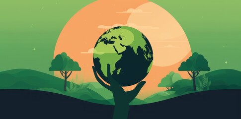 An illustration of human hands holding the planet Earth in orange and green colors, representing the concept of ecology and climate change. Generative AI