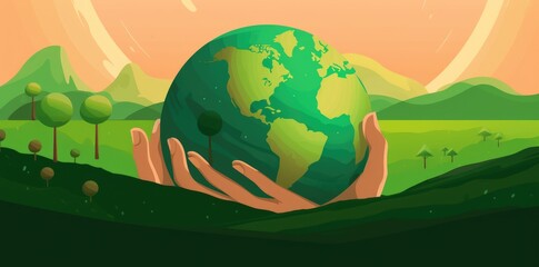 An illustration of human hands holding the planet Earth in orange and green colors, representing the concept of ecology and climate change. Generative AI