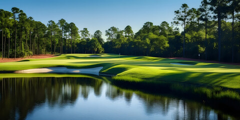 A serene golf course surrounded by lush greenery and tall trees. The fairways are meticulously maintained, with neatly trimmed grass.