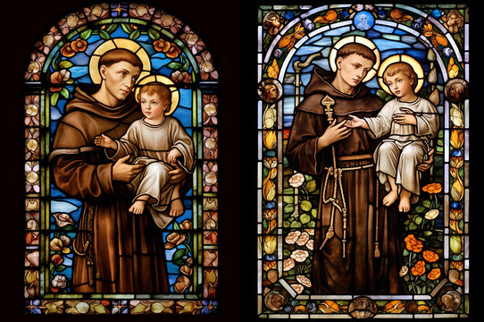 Saint Anthony of Padua religion faith holy illustration. St. Anthony. Patron Saint of Lost Items. With Child Jesus. Stained Glass.