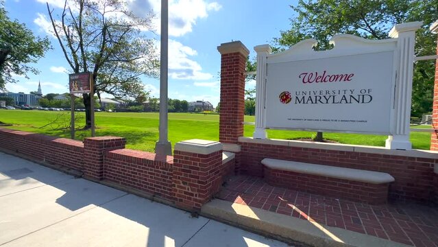 Pan Left View of the University of Maryland Welcome Sign