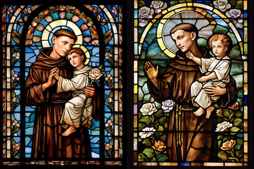 Saint Anthony of Padua religion faith holy illustration. St. Anthony. Patron Saint of Lost Items. With Child Jesus. Stained Glass.